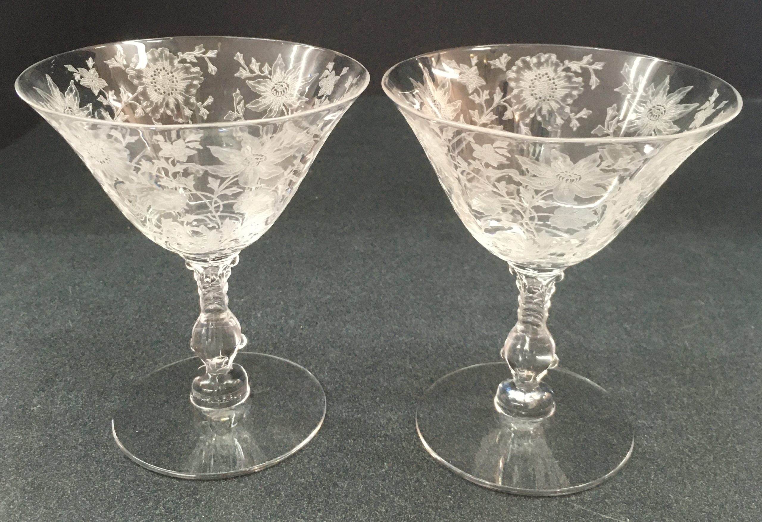 2 Cambridge Crystal Etched Wildflower Pattern Low Sherbet Glasses